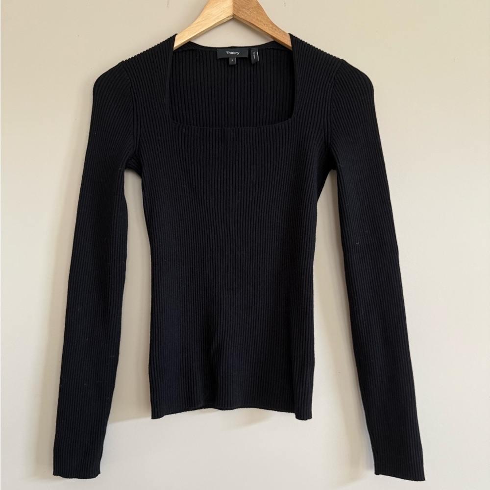 Theory Black Ribbed Square Neck Top